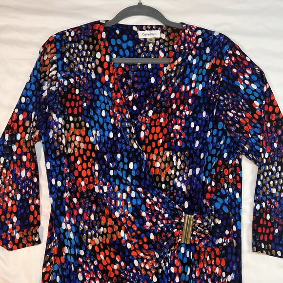 Calvin Klein Faux Wrap Dress Plus Size 18W Blue Colorful Dot Print Ruched Jersey - Picture 3 of 15